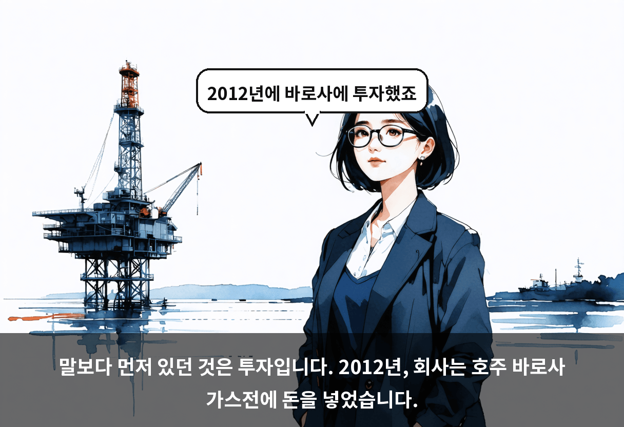 말보다 먼저 있던 것은 투자입니다. 2012년, 회사는 호주 바로사 가스전에 돈을 넣었습니다.
