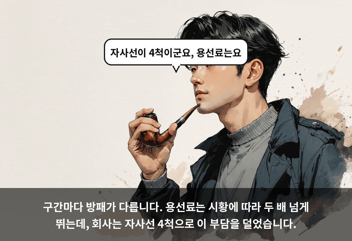 구간마다 방패가 다릅니다. 용선료는 시황에 따라 두 배 넘게 뛰는데, 회사는 자사선 4척으로 이 부담을 덜었습니다.