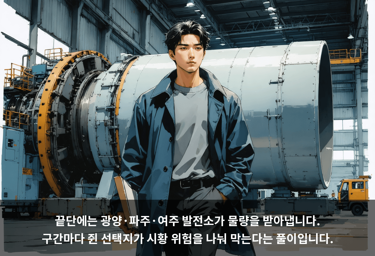 끝단에는 광양·파주·여주 발전소가 물량을 받아냅니다. 구간마다 쥔 선택지가 시황 위험을 나눠 막는다는 풀이입니다.