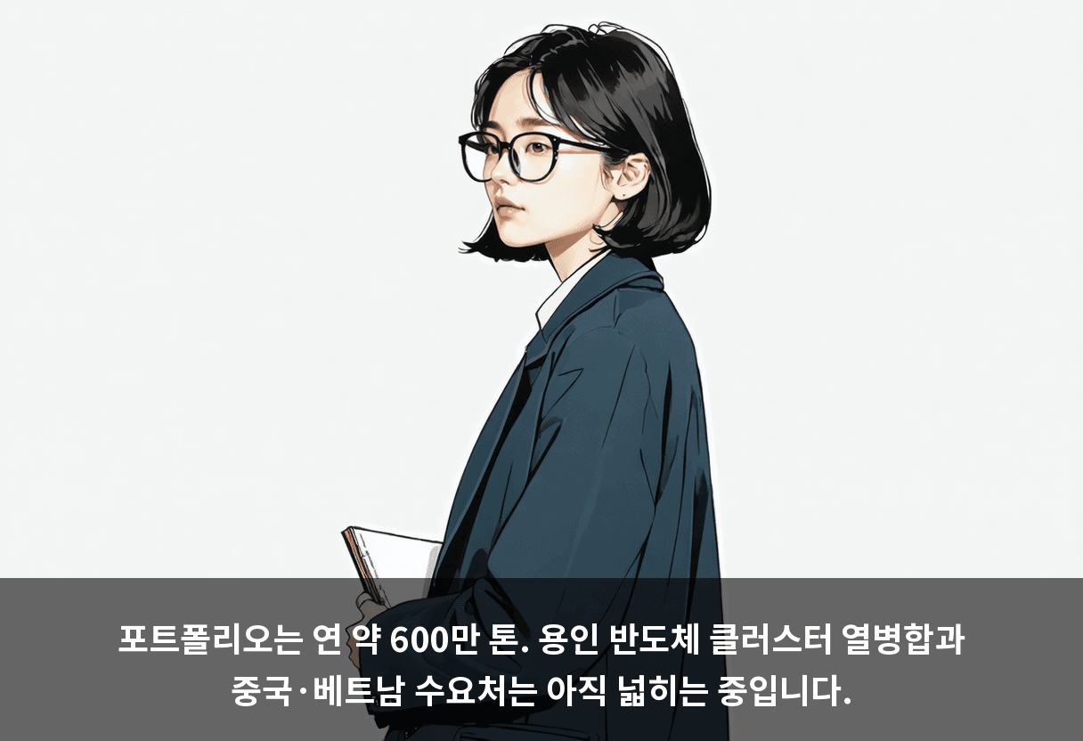 포트폴리오는 연 약 600만 톤. 용인 반도체 클러스터 열병합과 중국·베트남 수요처는 아직 넓히는 중입니다.