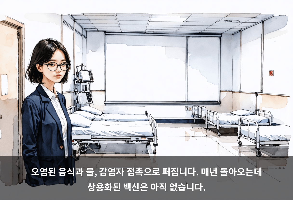 오염된 음식과 물, 감염자 접촉으로 퍼집니다. 매년 돌아오는데 상용화된 백신은 아직 없습니다.