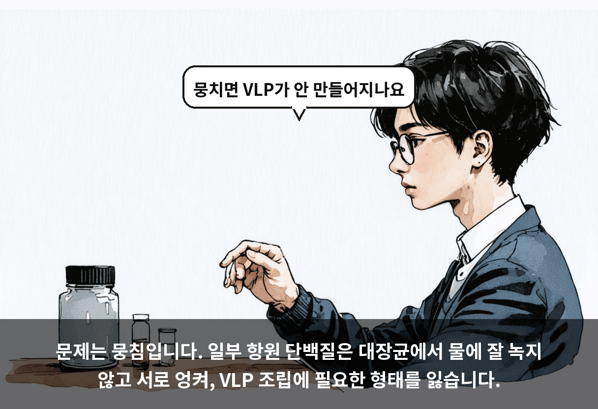 문제는 뭉침입니다. 일부 항원 단백질은 대장균에서 물에 잘 녹지 않고 서로 엉켜, VLP 조립에 필요한 형태를 잃습니다.