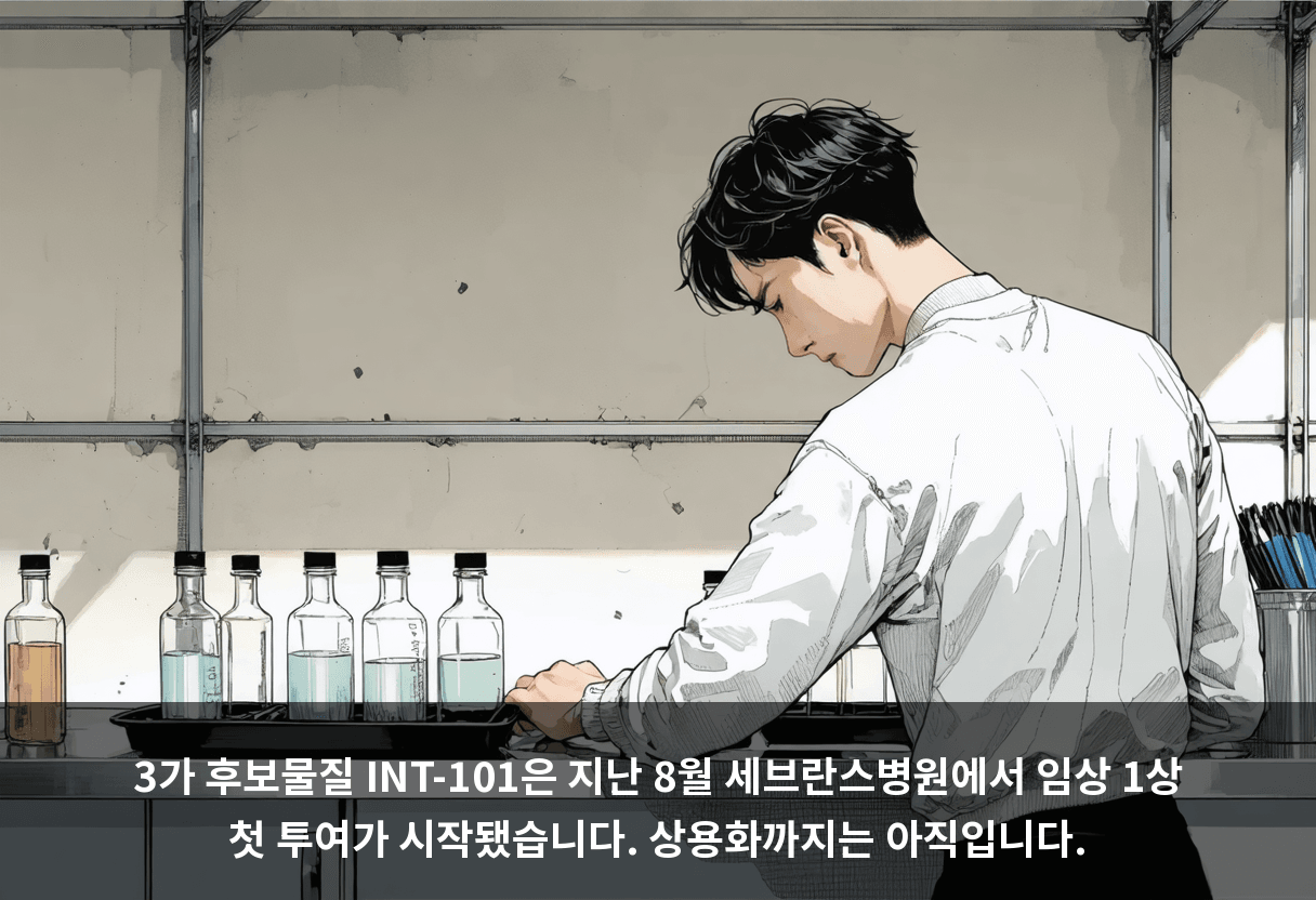 3가 후보물질 INT-101은 지난 8월 세브란스병원에서 임상 1상 첫 투여가 시작됐습니다. 상용화까지는 아직입니다.