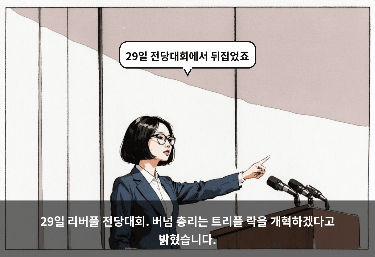 29일 리버풀 전당대회. 버넘 총리는 트리플 락을 개혁하겠다고 밝혔습니다.