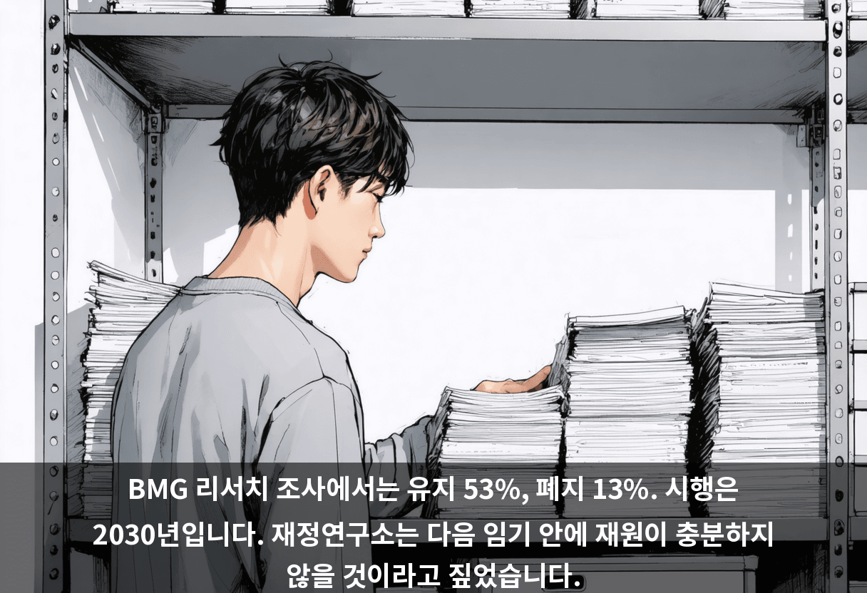 BMG 리서치 조사에서는 유지 53%, 폐지 13%. 시행은 2030년입니다. 재정연구소는 다음 임기 안에 재원이 충분하지 않을 것이라고 짚었습니다.