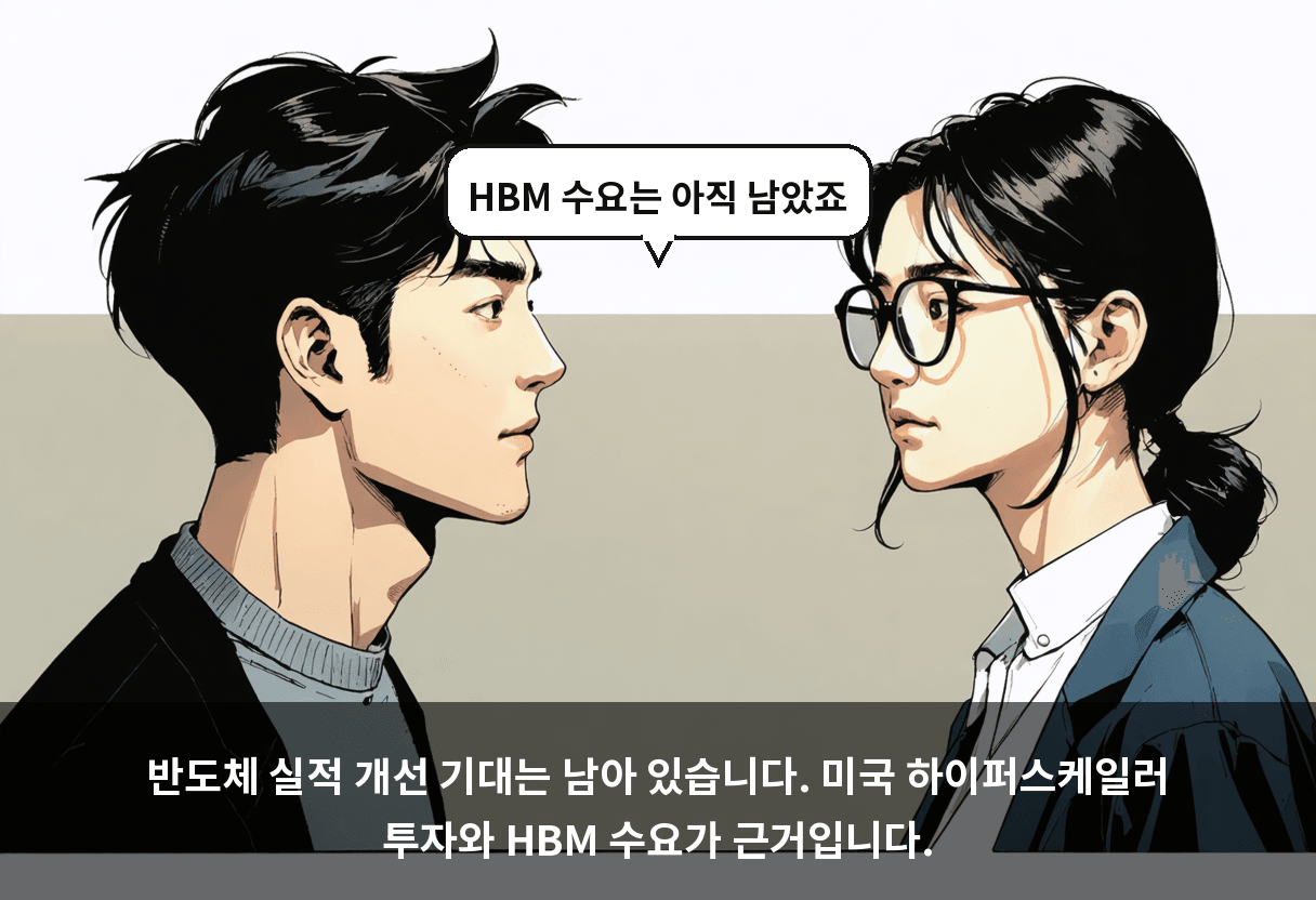 반도체 실적 개선 기대는 남아 있습니다. 미국 하이퍼스케일러 투자와 HBM 수요가 근거입니다.