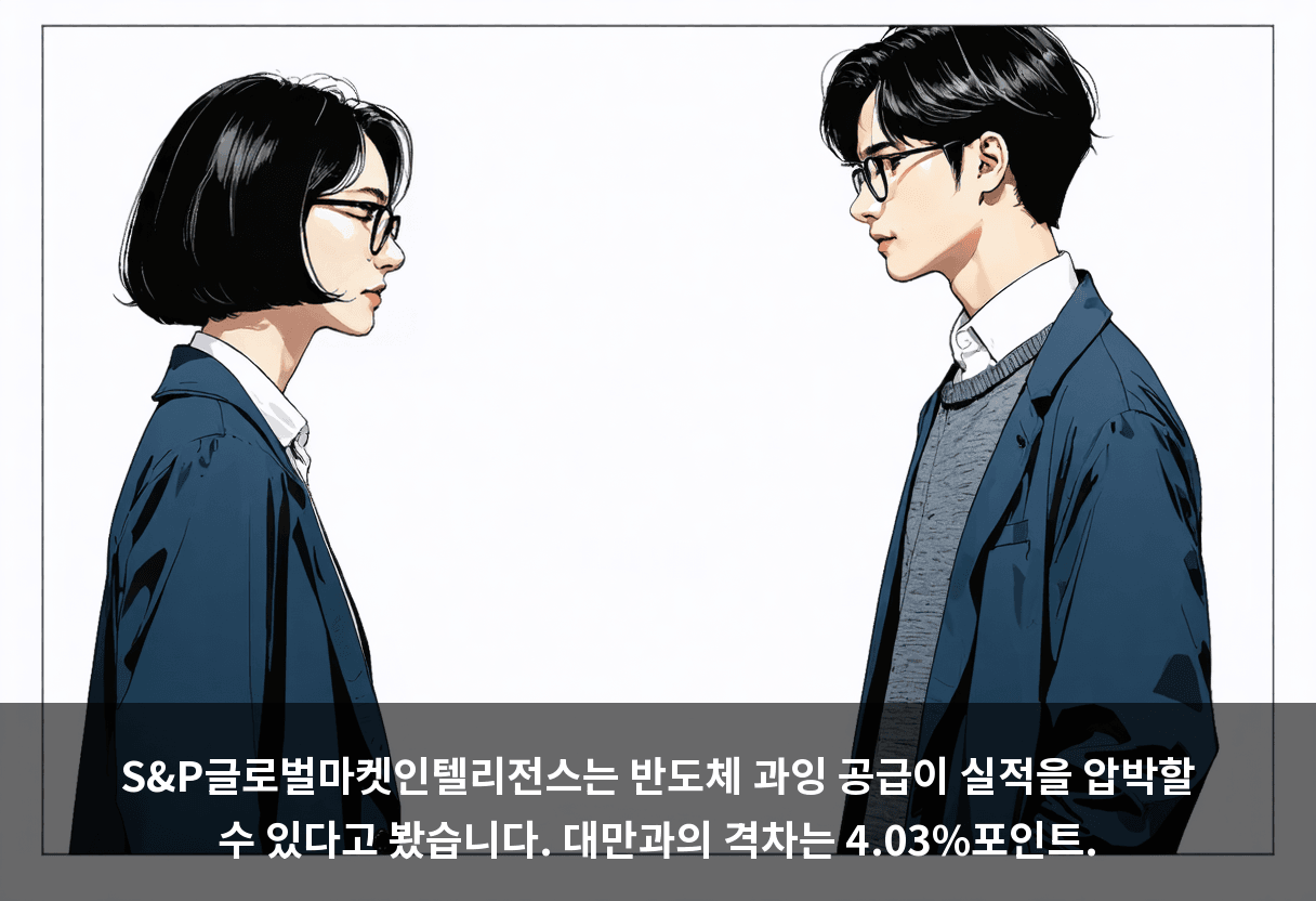 S&P글로벌마켓인텔리전스는 반도체 과잉 공급이 실적을 압박할 수 있다고 봤습니다. 대만과의 격차는 4.03%포인트.