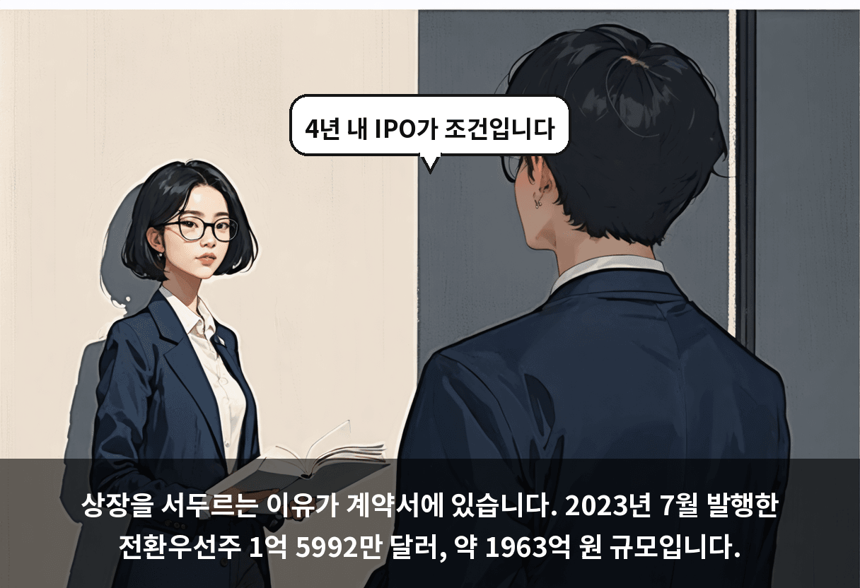 상장을 서두르는 이유가 계약서에 있습니다. 2023년 7월 발행한 전환우선주 1억 5992만 달러, 약 1963억 원 규모입니다.