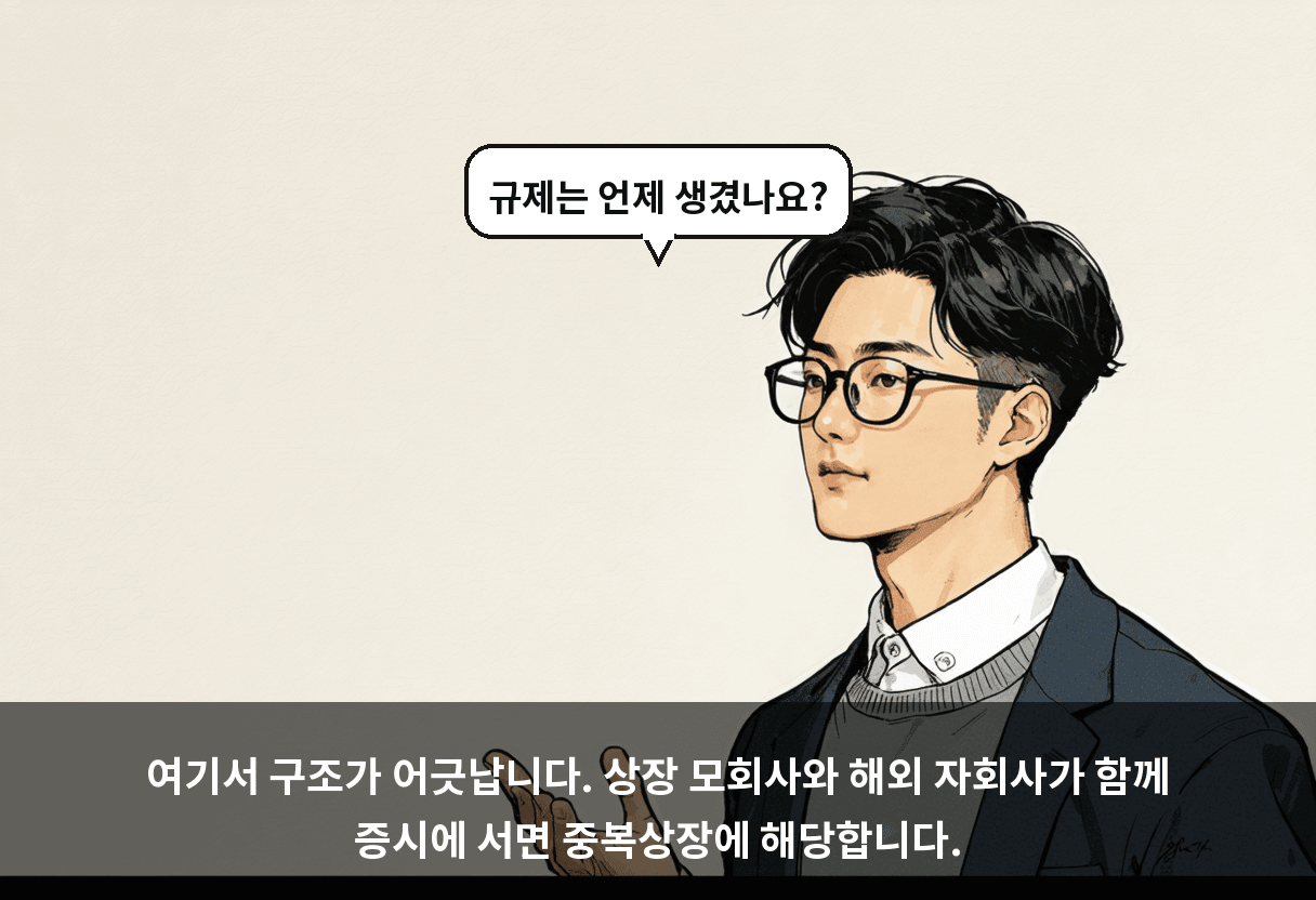 여기서 구조가 어긋납니다. 상장 모회사와 해외 자회사가 함께 증시에 서면 중복상장에 해당합니다.