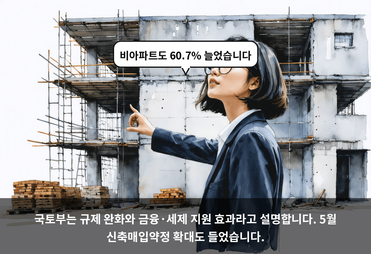 국토부는 규제 완화와 금융·세제 지원 효과라고 설명합니다. 5월 신축매입약정 확대도 들었습니다.