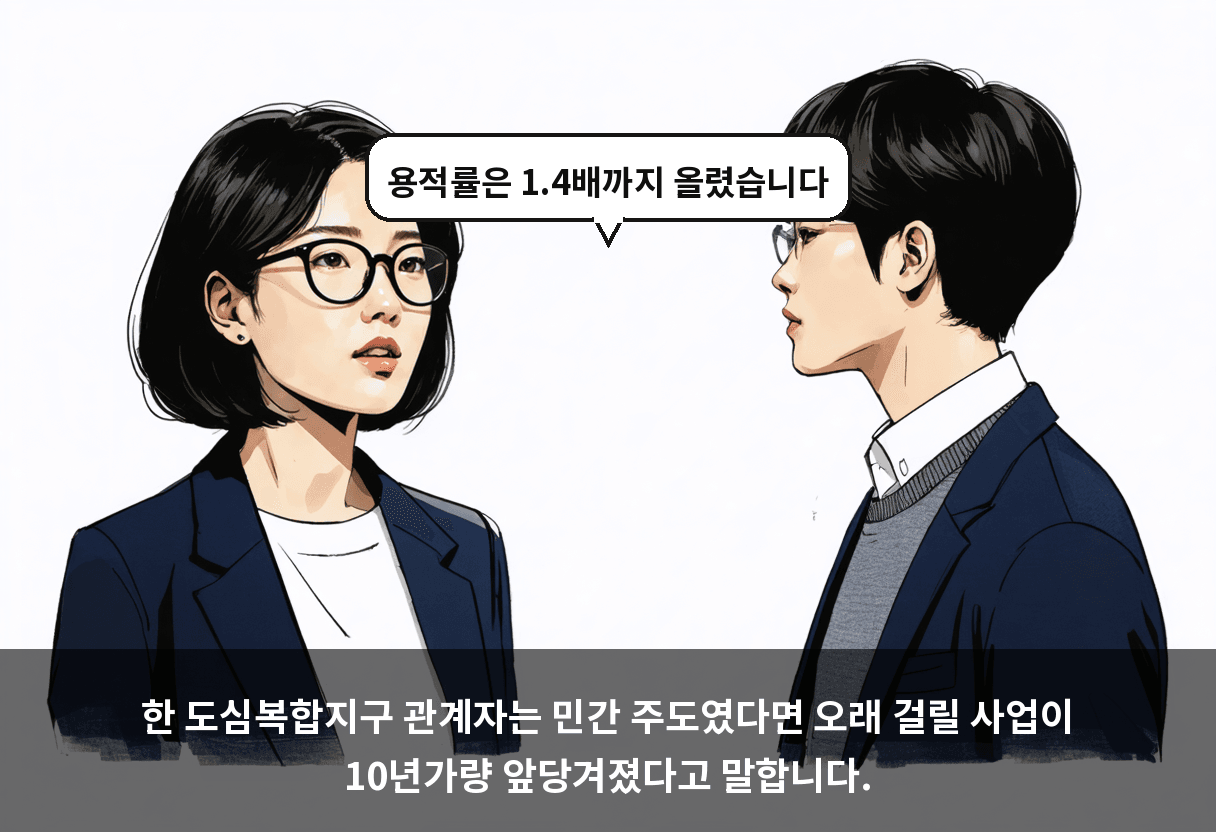 한 도심복합지구 관계자는 민간 주도였다면 오래 걸릴 사업이 10년가량 앞당겨졌다고 말합니다.