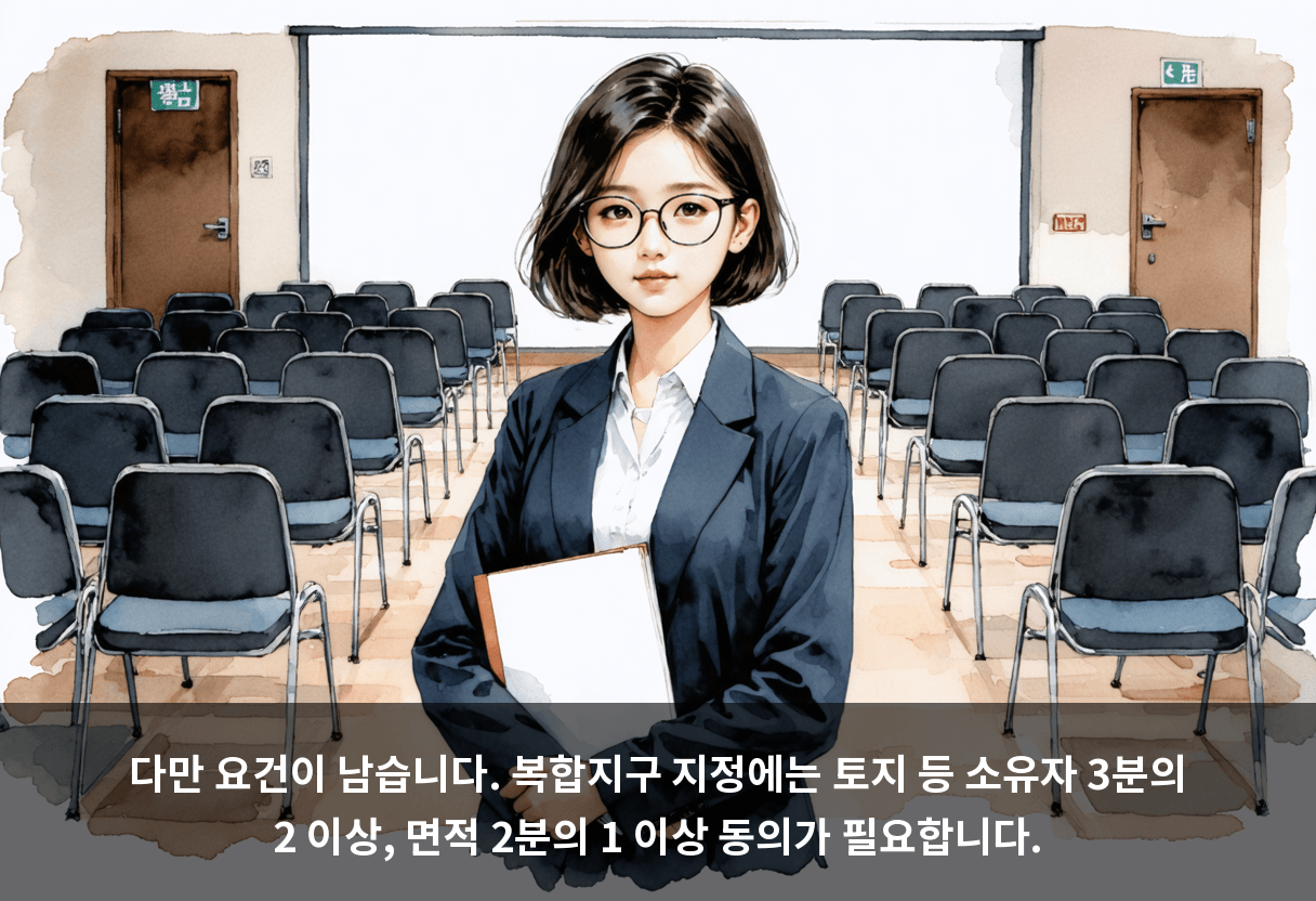 다만 요건이 남습니다. 복합지구 지정에는 토지 등 소유자 3분의 2 이상, 면적 2분의 1 이상 동의가 필요합니다.