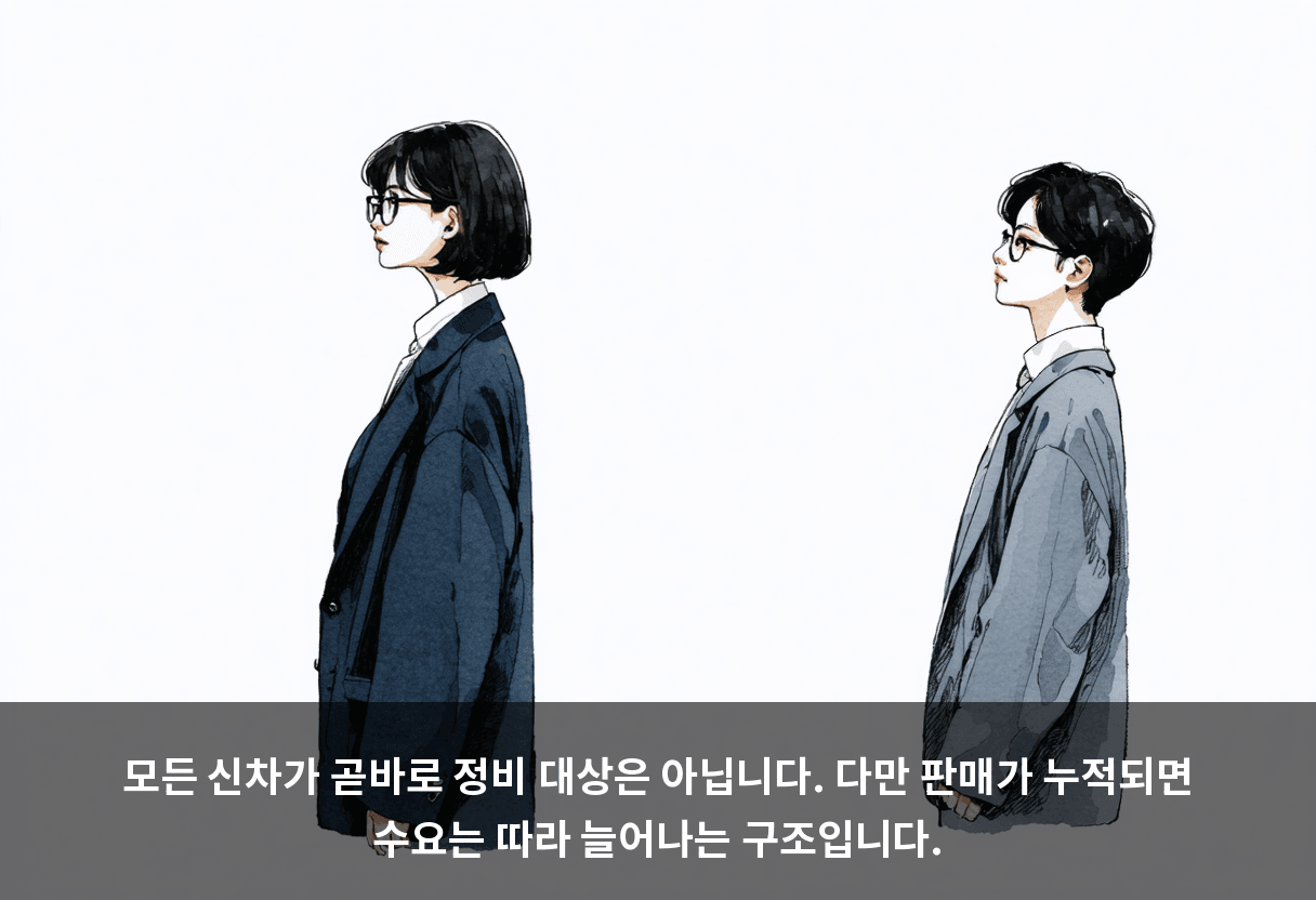 모든 신차가 곧바로 정비 대상은 아닙니다. 다만 판매가 누적되면 수요는 따라 늘어나는 구조입니다.