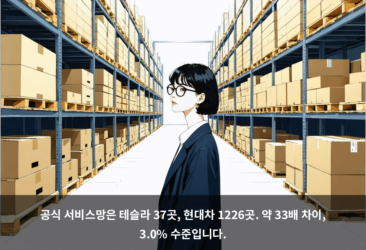공식 서비스망은 테슬라 37곳, 현대차 1226곳. 약 33배 차이, 3.0% 수준입니다.
