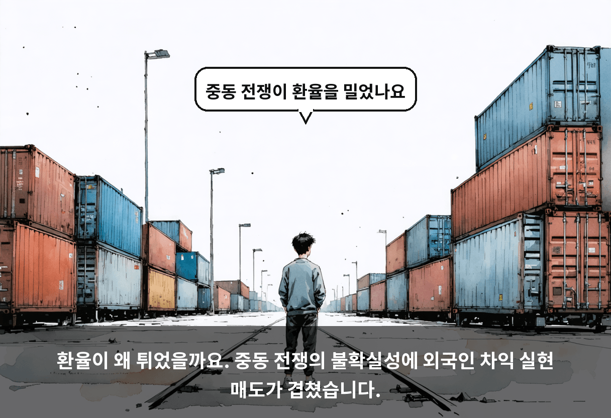 환율이 왜 튀었을까요. 중동 전쟁의 불확실성에 외국인 차익 실현 매도가 겹쳤습니다.