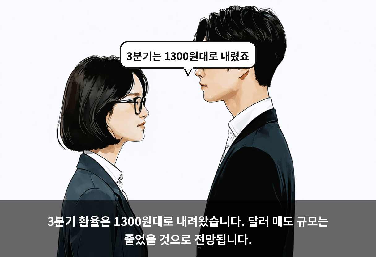 3분기 환율은 1300원대로 내려왔습니다. 달러 매도 규모는 줄었을 것으로 전망됩니다.
