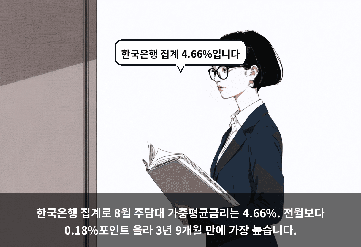 한국은행 집계로 8월 주담대 가중평균금리는 4.66%. 전월보다 0.18%포인트 올라 3년 9개월 만에 가장 높습니다.