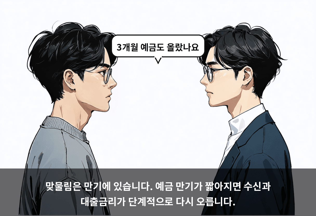 맞물림은 만기에 있습니다. 예금 만기가 짧아지면 수신과 대출금리가 단계적으로 다시 오릅니다.