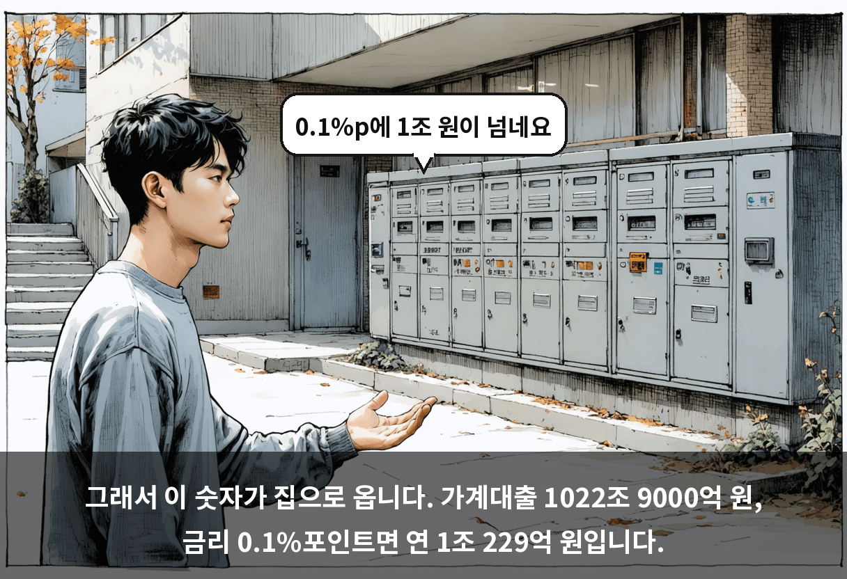 그래서 이 숫자가 집으로 옵니다. 가계대출 1022조 9000억 원, 금리 0.1%포인트면 연 1조 229억 원입니다.