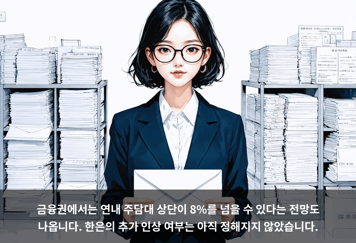금융권에서는 연내 주담대 상단이 8%를 넘을 수 있다는 전망도 나옵니다. 한은의 추가 인상 여부는 아직 정해지지 않았습니다.