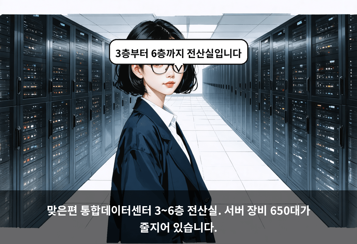 맞은편 통합데이터센터 3~6층 전산실. 서버 장비 650대가 줄지어 있습니다.