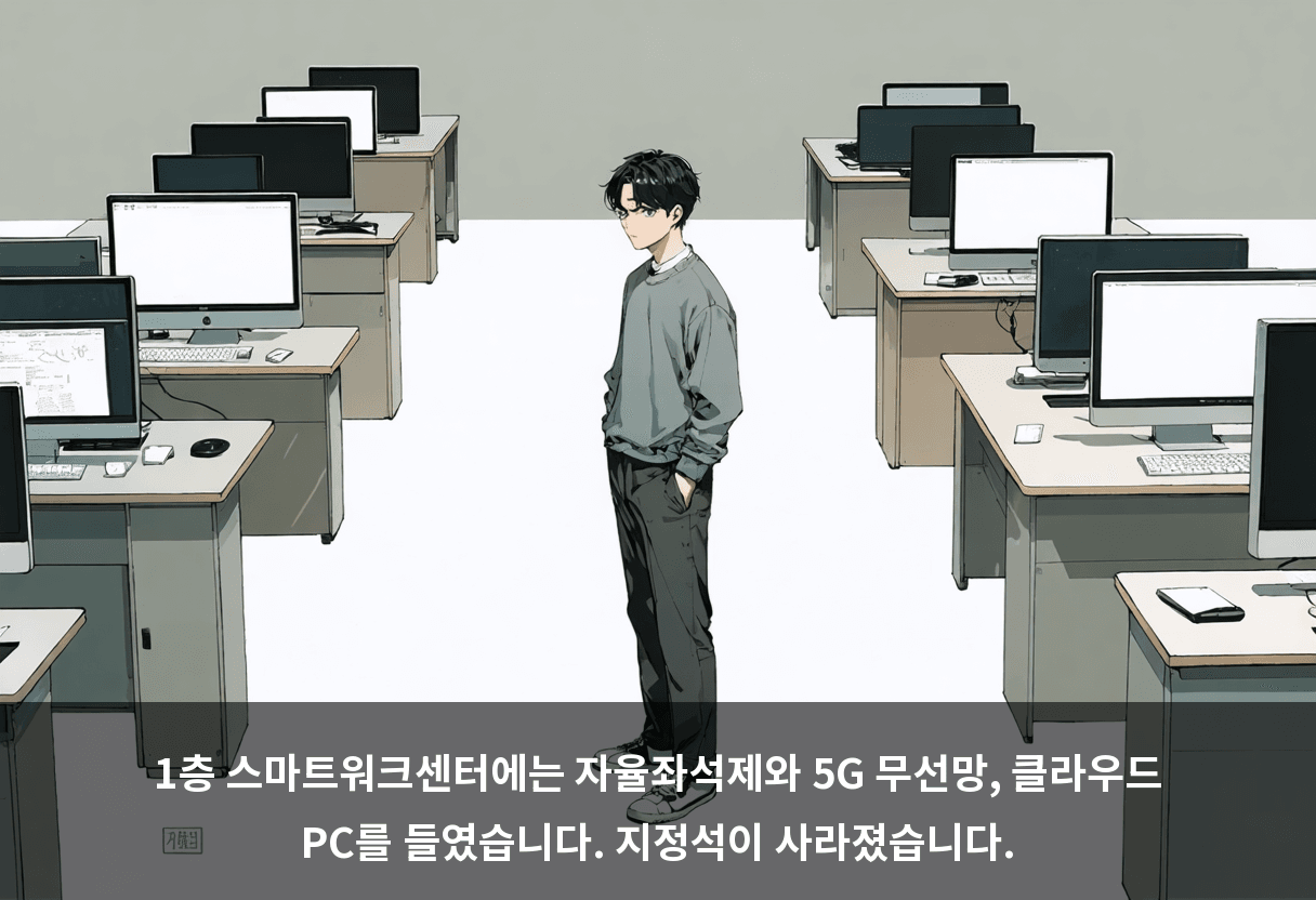 1층 스마트워크센터에는 자율좌석제와 5G 무선망, 클라우드 PC를 들였습니다. 지정석이 사라졌습니다.