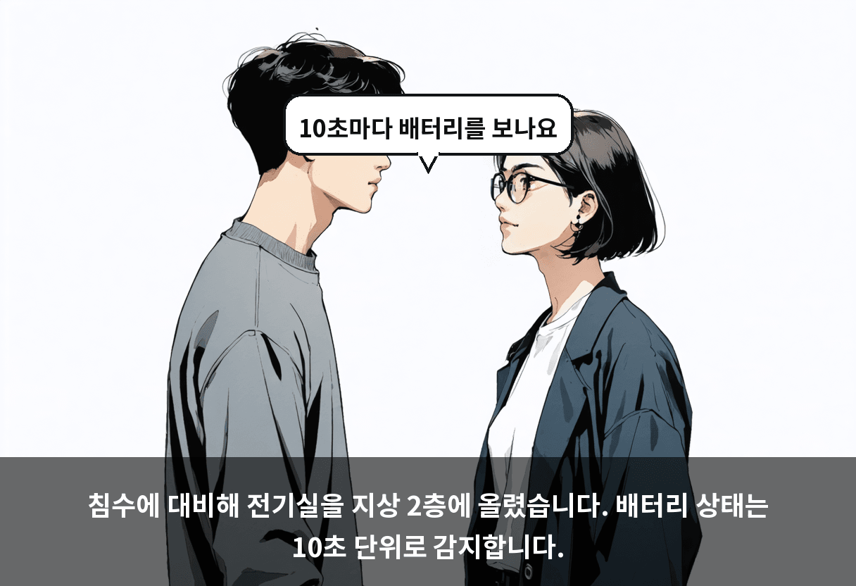 침수에 대비해 전기실을 지상 2층에 올렸습니다. 배터리 상태는 10초 단위로 감지합니다.