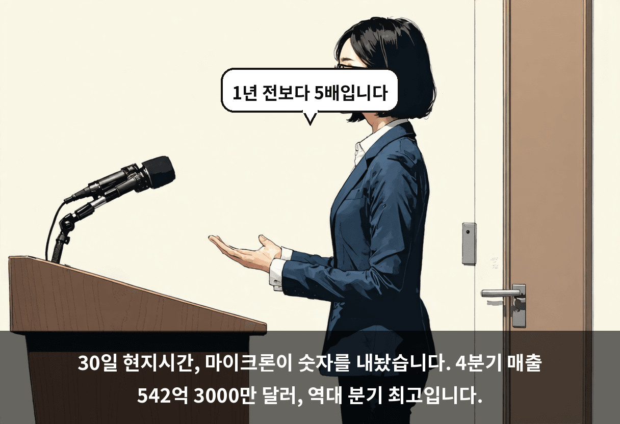 30일 현지시간, 마이크론이 숫자를 내놨습니다. 4분기 매출 542억 3000만 달러, 역대 분기 최고입니다.