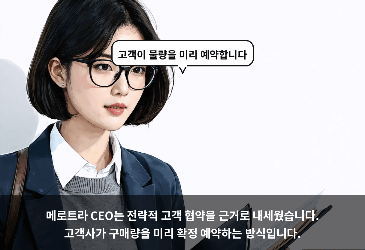 메로트라 CEO는 전략적 고객 협약을 근거로 내세웠습니다. 고객사가 구매량을 미리 확정 예약하는 방식입니다.