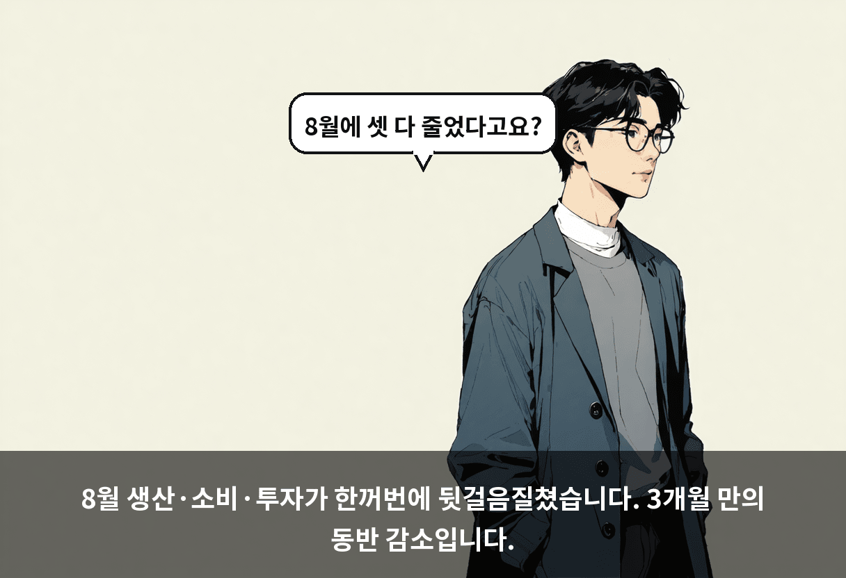 8월 생산·소비·투자가 한꺼번에 뒷걸음질쳤습니다. 3개월 만의 동반 감소입니다.