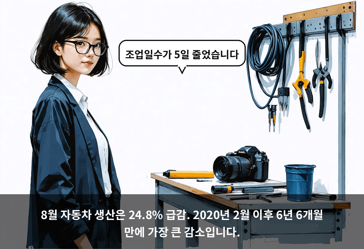 8월 자동차 생산은 24.8% 급감. 2020년 2월 이후 6년 6개월 만에 가장 큰 감소입니다.