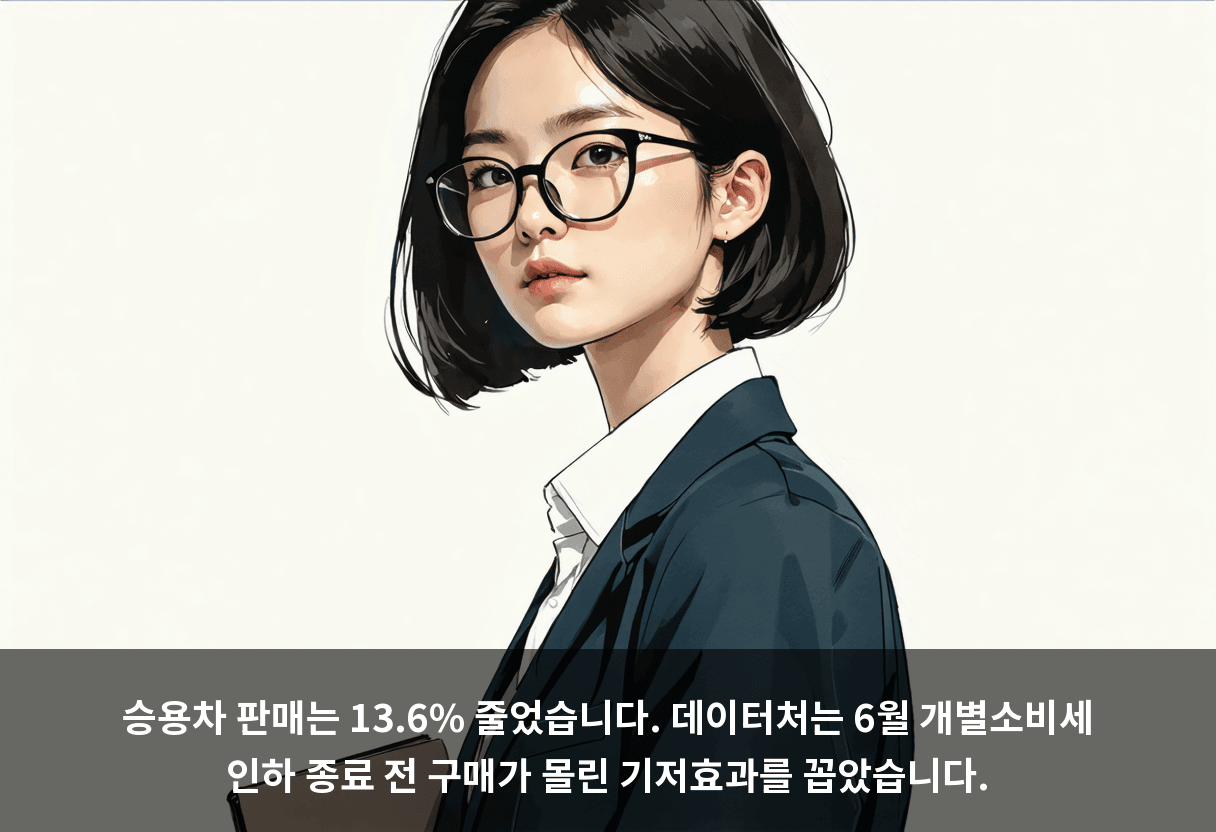 승용차 판매는 13.6% 줄었습니다. 데이터처는 6월 개별소비세 인하 종료 전 구매가 몰린 기저효과를 꼽았습니다.