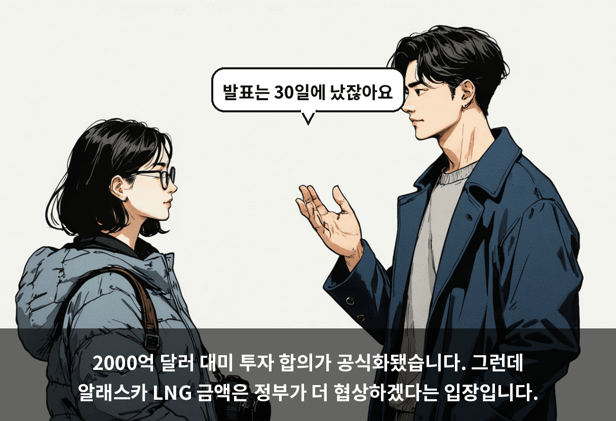 2000억 달러 대미 투자 합의가 공식화됐습니다. 그런데 알래스카 LNG 금액은 정부가 더 협상하겠다는 입장입니다.