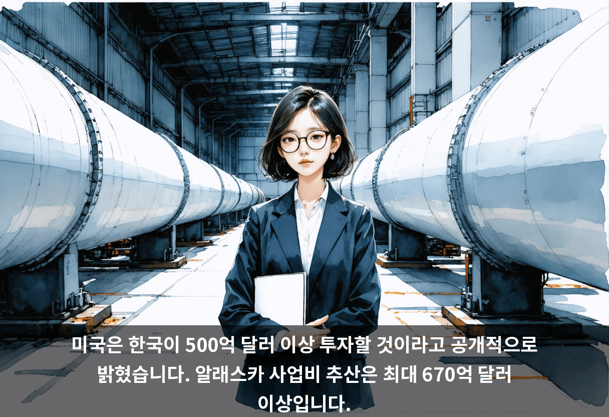미국은 한국이 500억 달러 이상 투자할 것이라고 공개적으로 밝혔습니다. 알래스카 사업비 추산은 최대 670억 달러 이상입니다.
