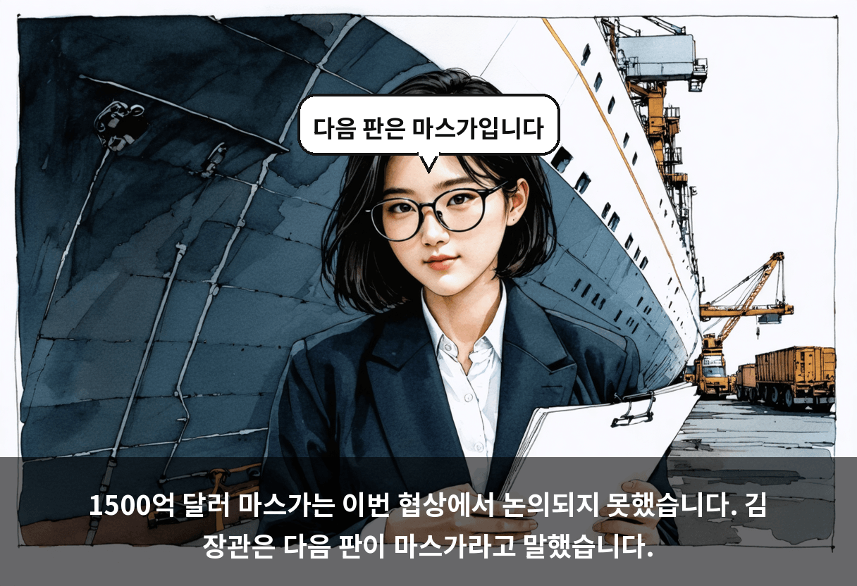 1500억 달러 마스가는 이번 협상에서 논의되지 못했습니다. 김 장관은 다음 판이 마스가라고 말했습니다.