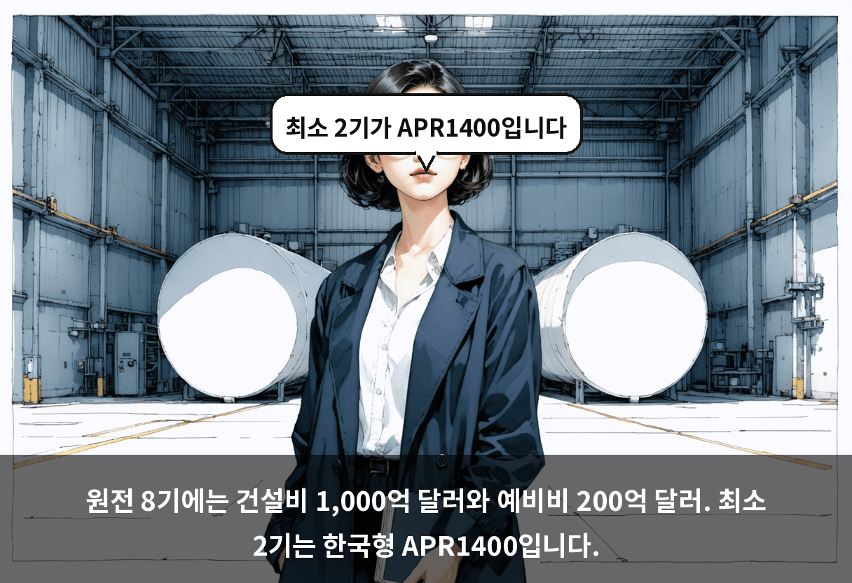 원전 8기에는 건설비 1,000억 달러와 예비비 200억 달러. 최소 2기는 한국형 APR1400입니다.