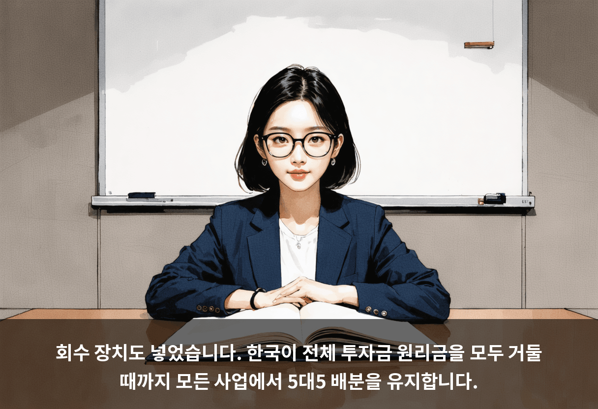회수 장치도 넣었습니다. 한국이 전체 투자금 원리금을 모두 거둘 때까지 모든 사업에서 5대5 배분을 유지합니다.