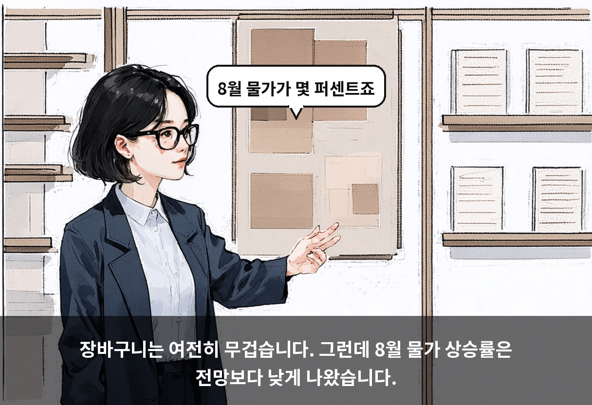 장바구니는 여전히 무겁습니다. 그런데 8월 물가 상승률은 전망보다 낮게 나왔습니다.