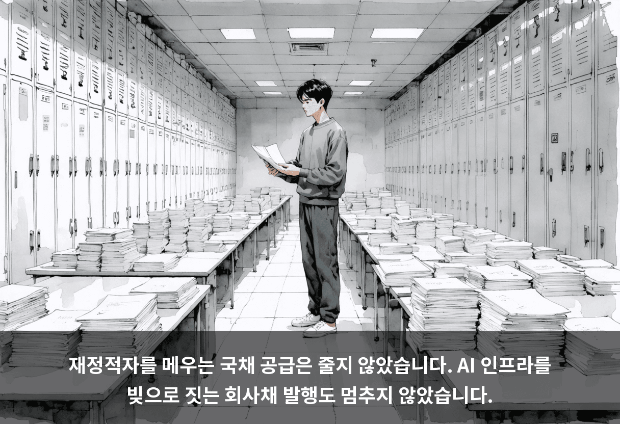 재정적자를 메우는 국채 공급은 줄지 않았습니다. AI 인프라를 빚으로 짓는 회사채 발행도 멈추지 않았습니다.
