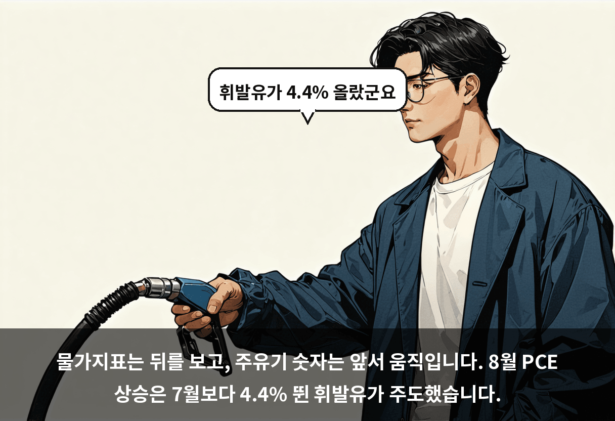 물가지표는 뒤를 보고, 주유기 숫자는 앞서 움직입니다. 8월 PCE 상승은 7월보다 4.4% 뛴 휘발유가 주도했습니다.