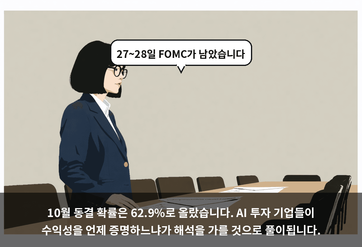 10월 동결 확률은 62.9%로 올랐습니다. AI 투자 기업들이 수익성을 언제 증명하느냐가 해석을 가를 것으로 풀이됩니다.