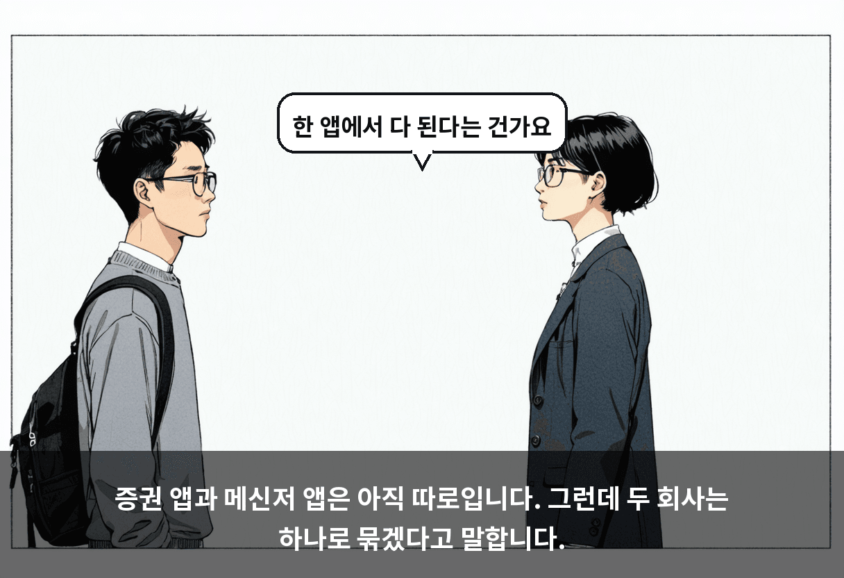 증권 앱과 메신저 앱은 아직 따로입니다. 그런데 두 회사는 하나로 묶겠다고 말합니다.