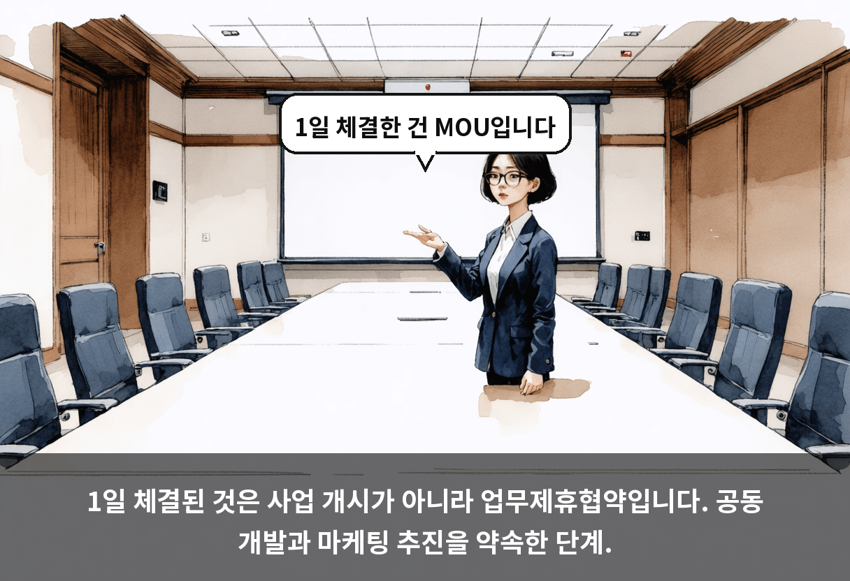 1일 체결된 것은 사업 개시가 아니라 업무제휴협약입니다. 공동 개발과 마케팅 추진을 약속한 단계.