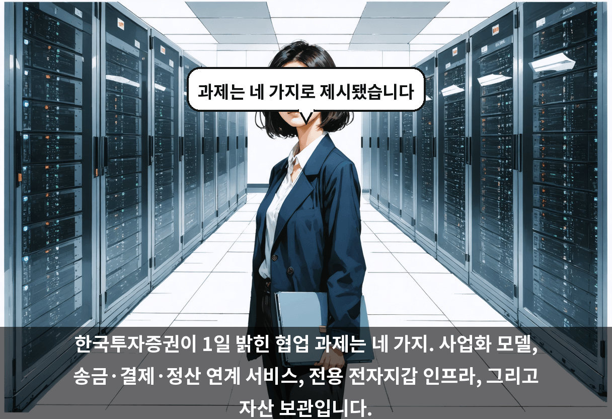 한국투자증권이 1일 밝힌 협업 과제는 네 가지. 사업화 모델, 송금·결제·정산 연계 서비스, 전용 전자지갑 인프라, 그리고 자산 보관입니다.