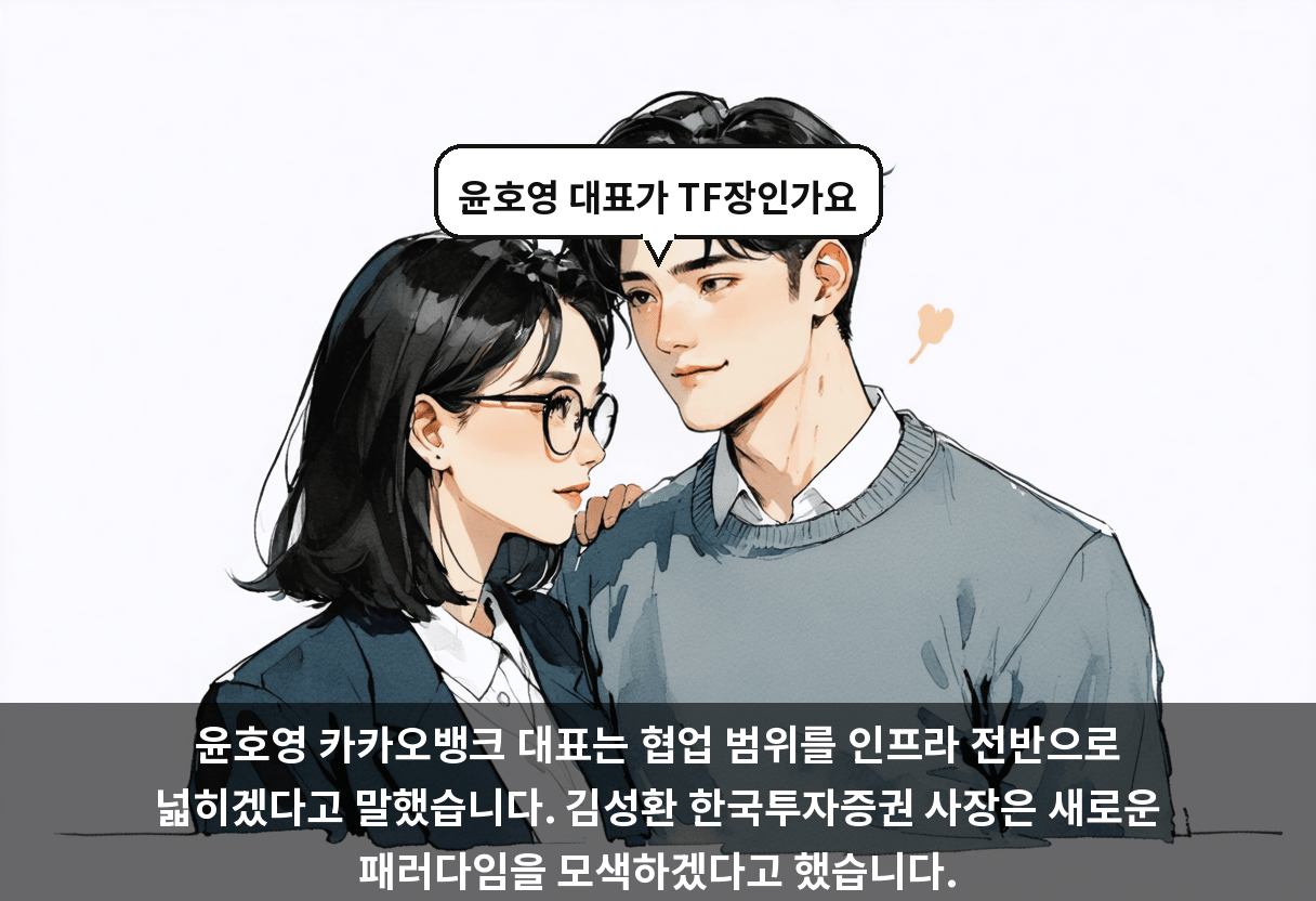 윤호영 카카오뱅크 대표는 협업 범위를 인프라 전반으로 넓히겠다고 말했습니다. 김성환 한국투자증권 사장은 새로운 패러다임을 모색하겠다고 했습니다.