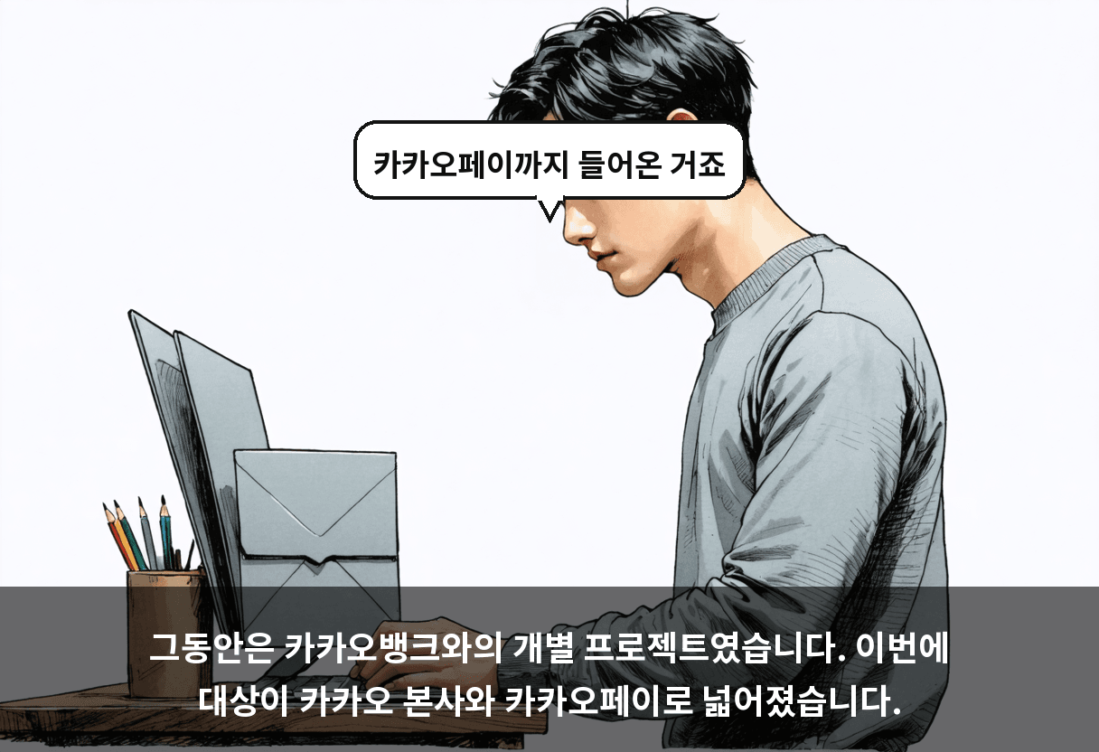 그동안은 카카오뱅크와의 개별 프로젝트였습니다. 이번에 대상이 카카오 본사와 카카오페이로 넓어졌습니다.