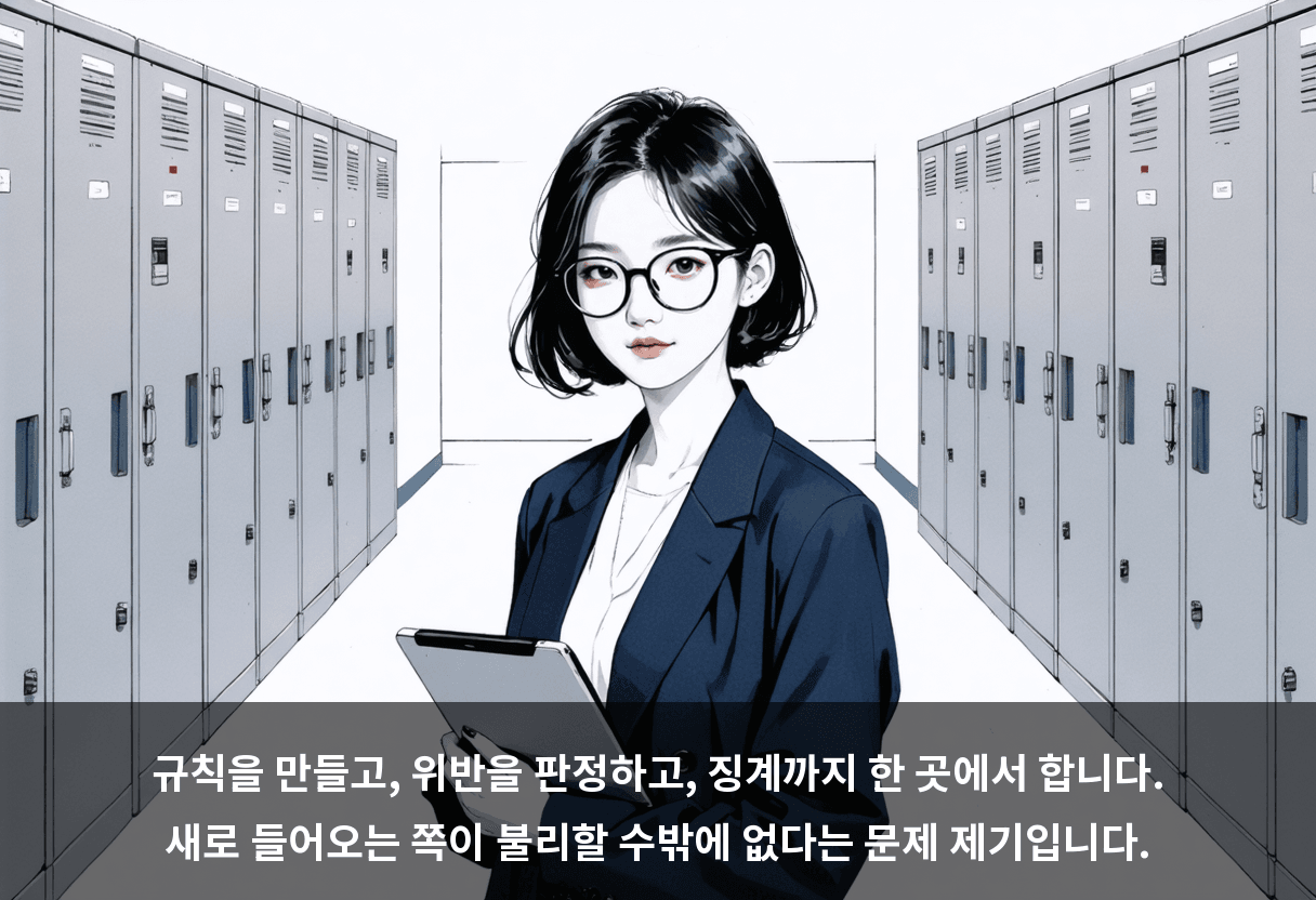 규칙을 만들고, 위반을 판정하고, 징계까지 한 곳에서 합니다. 새로 들어오는 쪽이 불리할 수밖에 없다는 문제 제기입니다.
