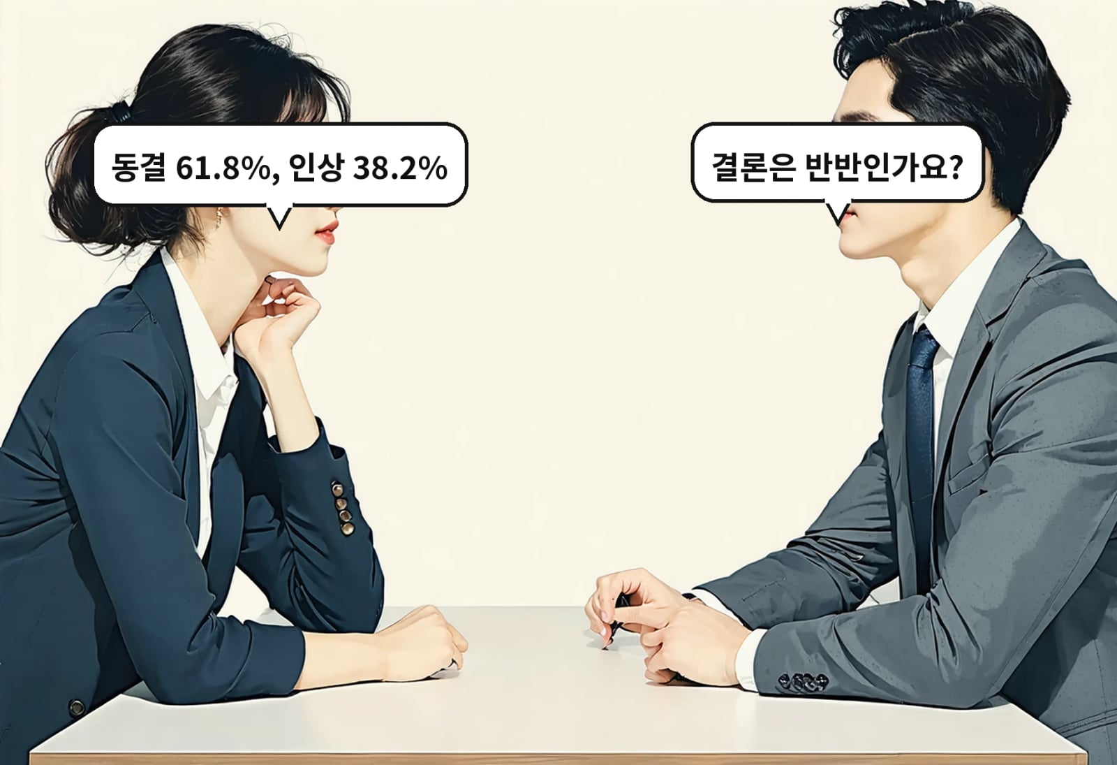 B: 결론은 반반인가요? A: 동결 61.8%, 인상 38.2%