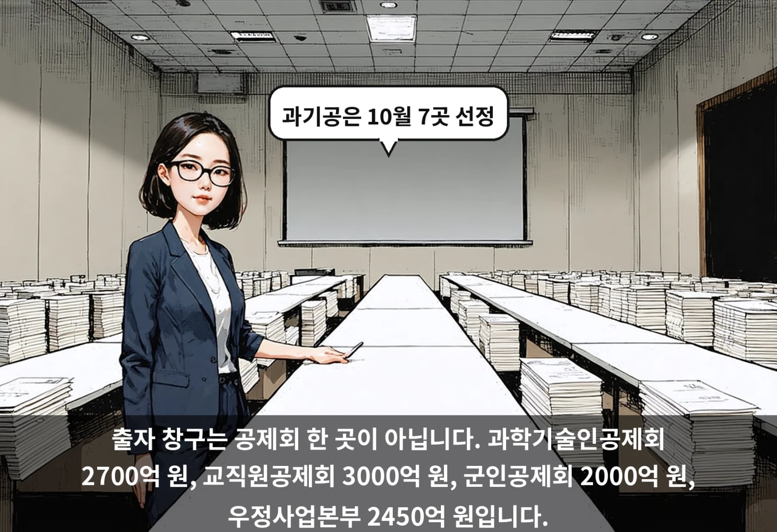 출자 창구는 공제회 한 곳이 아닙니다. 과학기술인공제회 2700억 원, 교직원공제회 3000억 원, 군인공제회 2000억 원, 우정사업본부 2450억 원입니다.