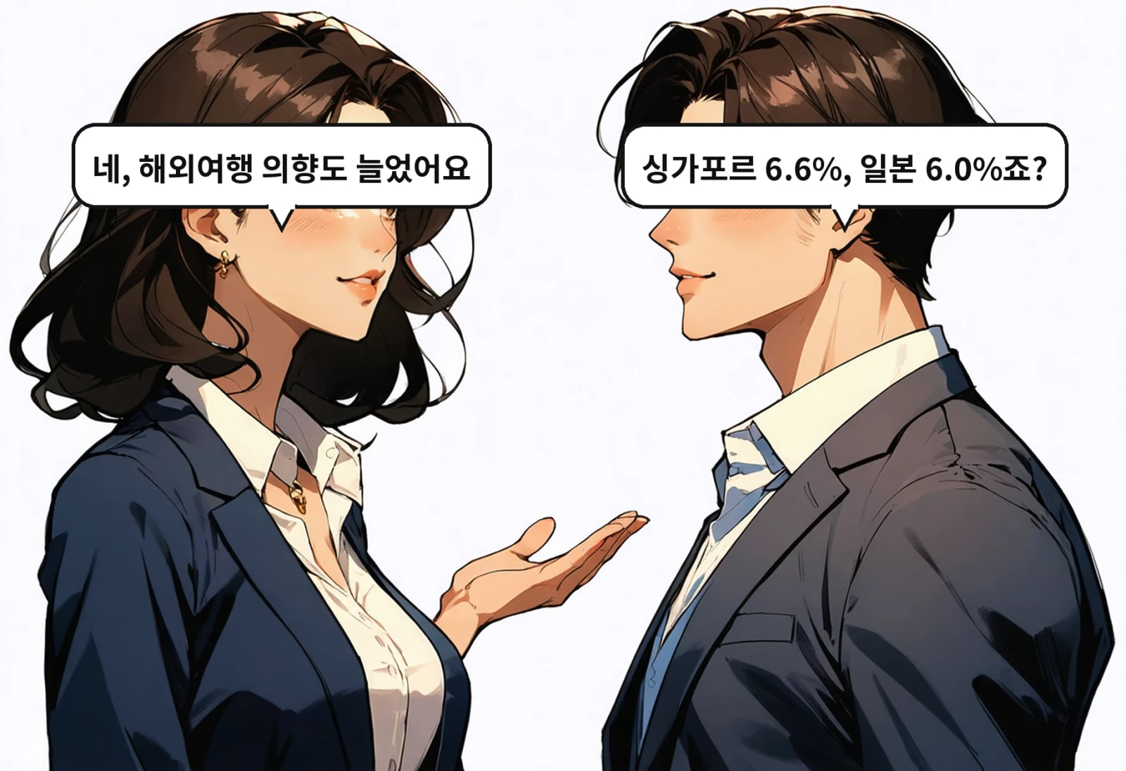 B: 싱가포르 6.6%, 일본 6.0%죠? A: 네, 해외여행 의향도 늘었어요